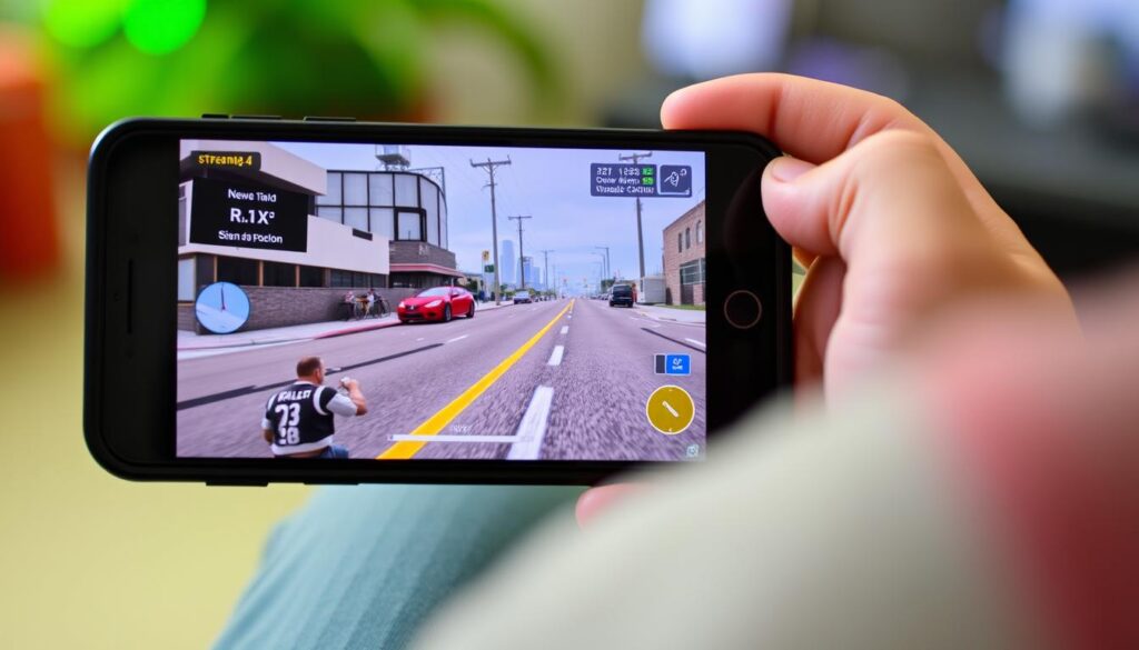 Imagen de una persona jugando GTA5 en un dispositivo móvil a través de un servicio de streaming Imagen de una persona jugando GTA5 en un dispositivo móvil a través de un servicio de streaming