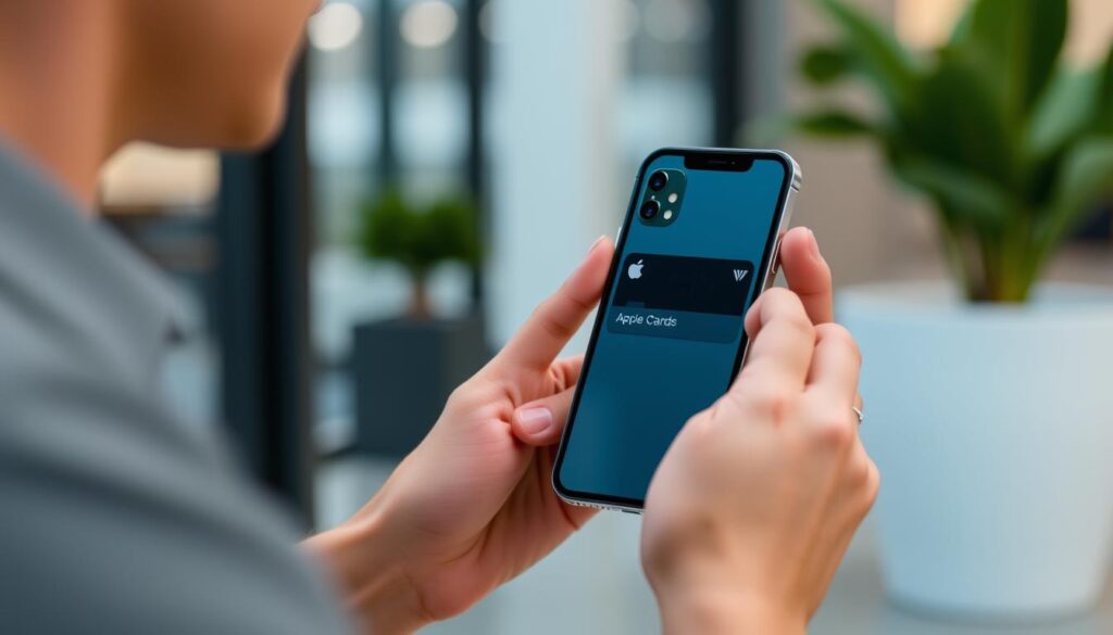 Imagen de una persona usando Apple Card con un iPhone