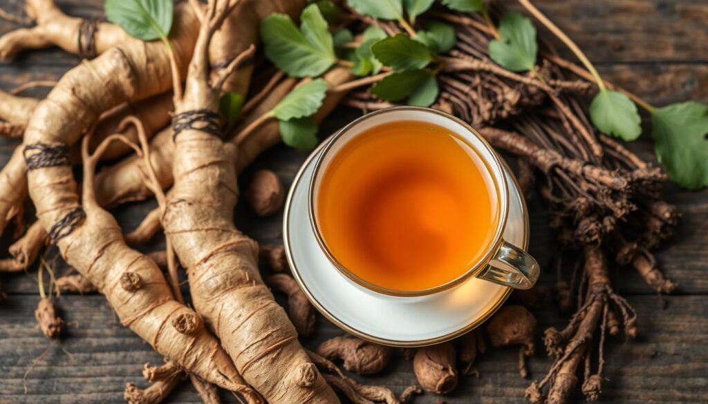 Imagem de um ginseng cha xicara com raízes frescas de ginseng ao redor