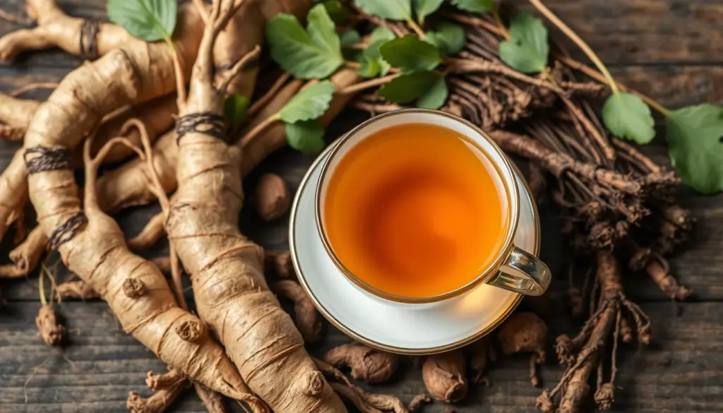 Imagem de um ginseng cha xicara com raízes frescas de ginseng ao redor Imagem de um ginseng cha xicara com raízes frescas de ginseng ao redor