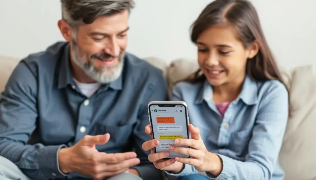 Padre e hijo conversando sobre seguridad en WhatsApp