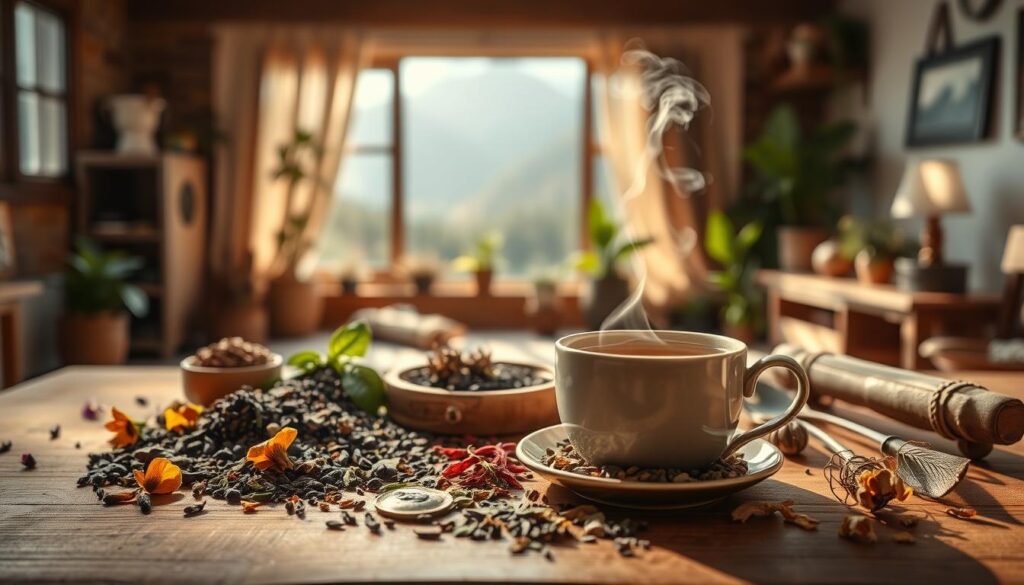 Warm, inviting scene of an assortment of herbal teas and natural ingredients for emotional wellbeing. Foreground features a wooden table with a steaming cup of tea, surrounded by various tea leaves, flowers, and botanicals in earthy tones. Middle ground showcases a cozy, sunlit interior with soft lighting, potted plants, and natural textures. Background depicts a calming, nature-inspired setting with mountains or forests in the distance. Conveys a sense of tranquility, self-care, and connection to the natural world. Cinematic, 35mm lens, high depth of field. Warm, inviting scene of an assortment of herbal teas and natural ingredients for emotional wellbeing. Foreground features a wooden table with a steaming cup of tea, surrounded by various tea leaves, flowers, and botanicals in earthy tones. Middle ground showcases a cozy, sunlit interior with soft lighting, potted plants, and natural textures. Background depicts a calming, nature-inspired setting with mountains or forests in the distance. Conveys a sense of tranquility, self-care, and connection to the natural world. Cinematic, 35mm lens, high depth of field.