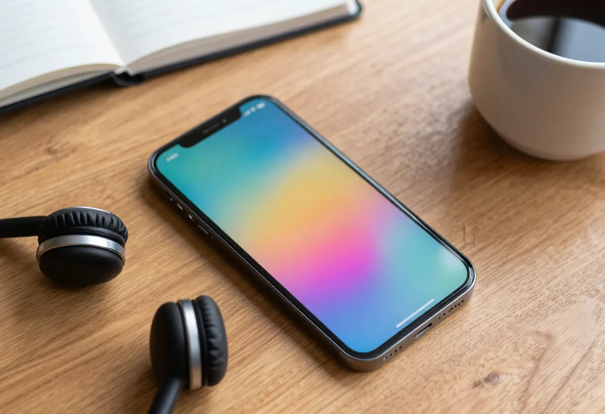 Celular junto a audífonos y una taza de café