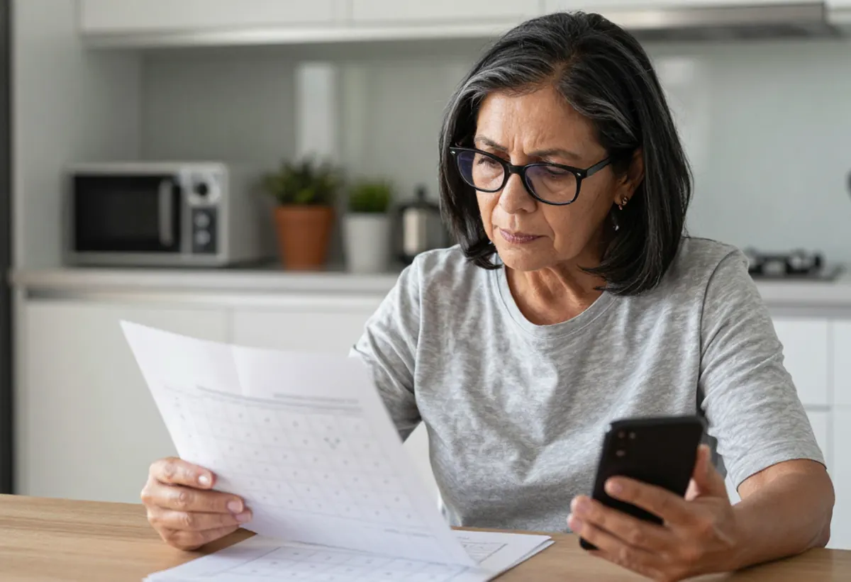 Mujer revisando documentos y el calendario del celular en la cocina