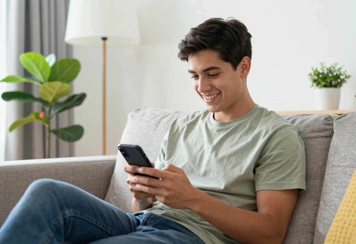Joven sonriendo mientras usa su celular en la sala
